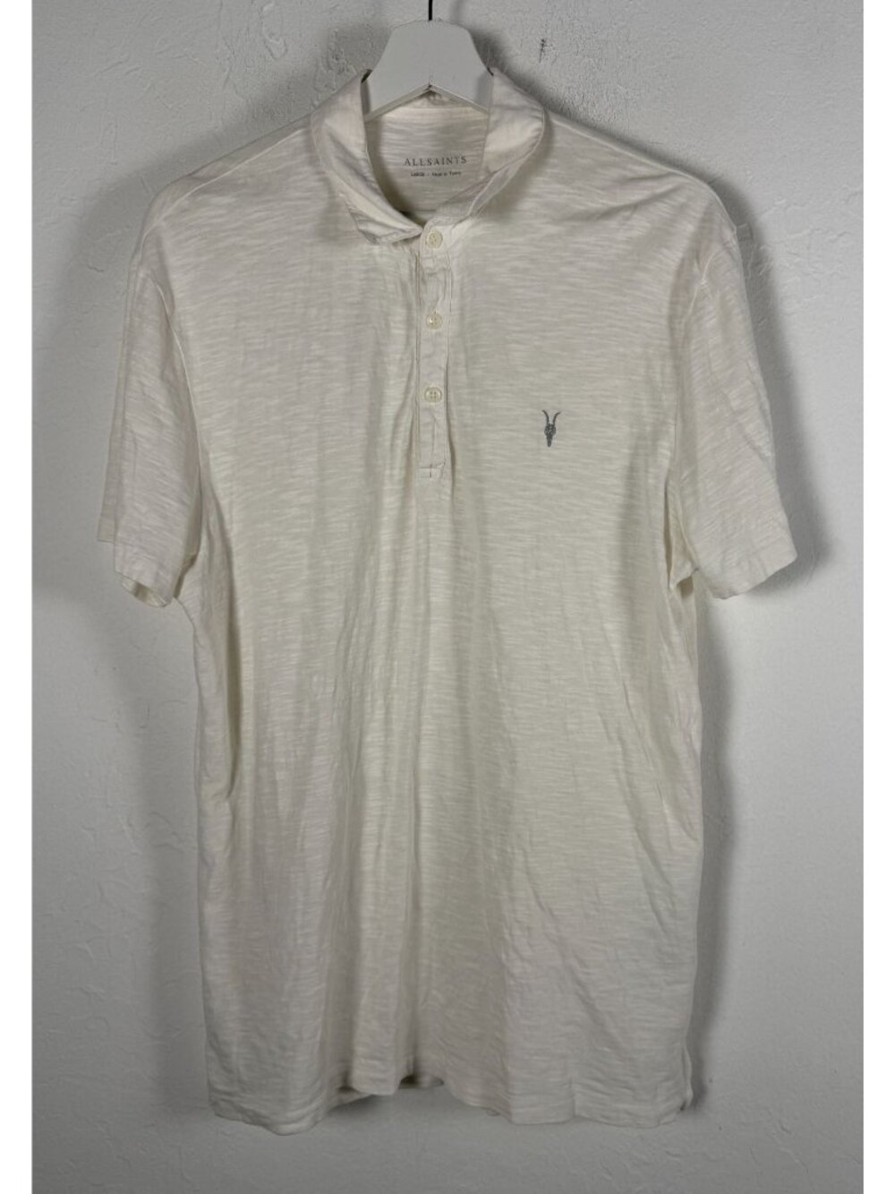 AllSaints Mens Off White Slub Knit Polo Shirt Short Sleeve Ramskull Logo Large